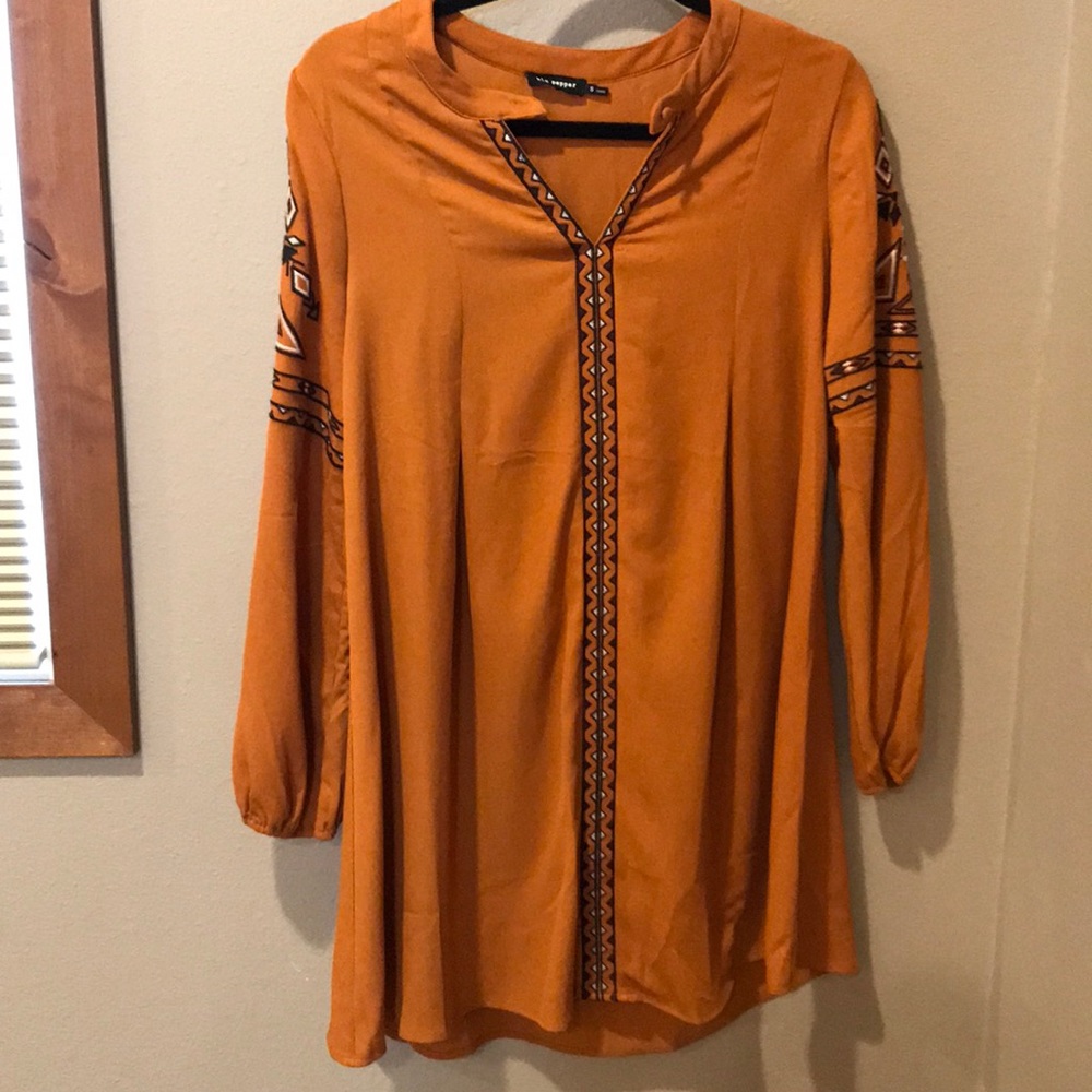 Rust Long Sleeve Embroidered Dress